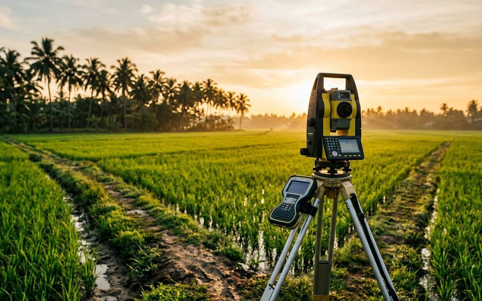 Total station on a tripod surveying a paddy field at sunrise